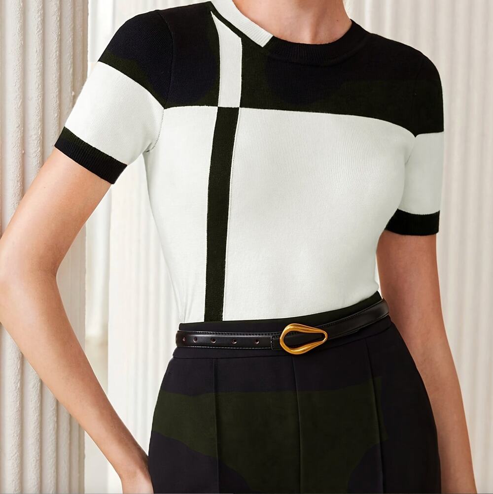 Shein Black White Colorblock Geometric Knit Top Short Sleeve Medium Classic